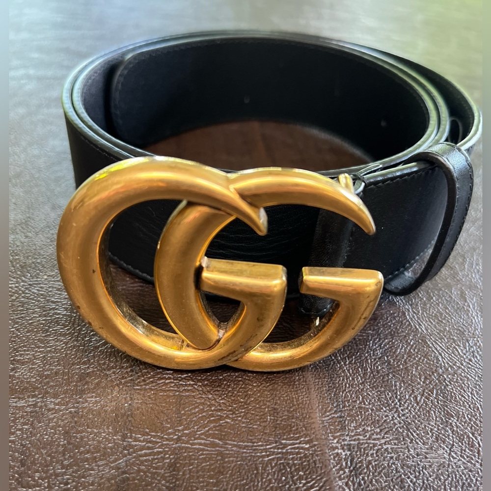GUCCI Marmont Wide GG Buckle Belt 95 (35-39”)in BLACK leather ($570 Retail)